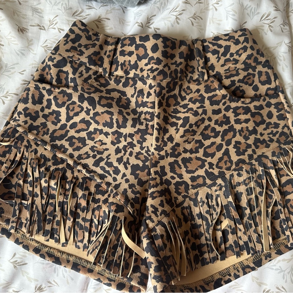Leopard fringe shorts